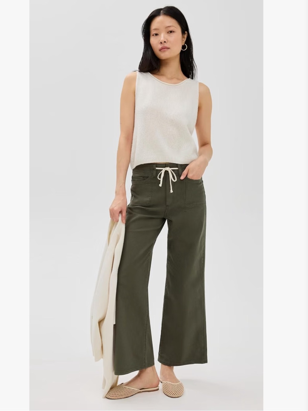 PAIGE Vintage Forester Green Ari Waistband Tie and Stitch Utility Pockets Pant - Picture 2 of 14